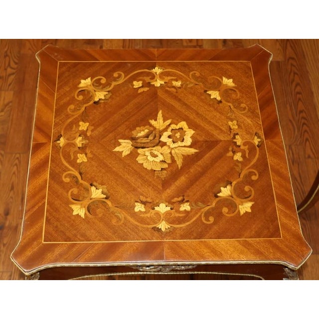 Brown 1990s Pair of French Louis XV Style Mixed Wood Inlaid Ormolu End Tables For Sale - Image 8 of 12