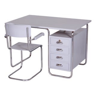 Bauhaus Lacquered Wood Writing Desk & Chair attributed to Hynek Gottwald, 1930s, Set of 2 For Sale