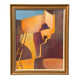 Large Mid-Century Southwestern Modernist Adobe Pueblo Architecture Oil Painting - Framed For Sale