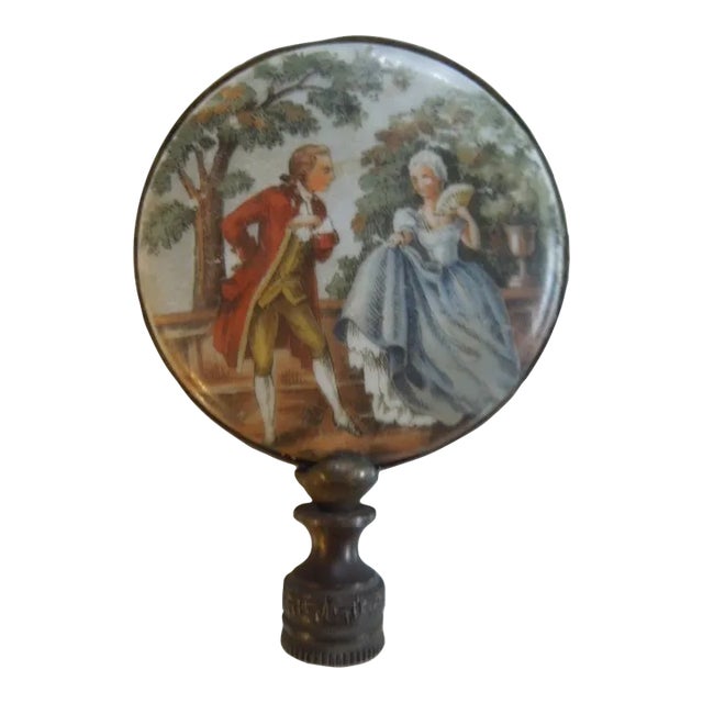 Victorian Porcelan & Brass Lamp Finial With Fragonard Hand Colored Courting Scene For Sale