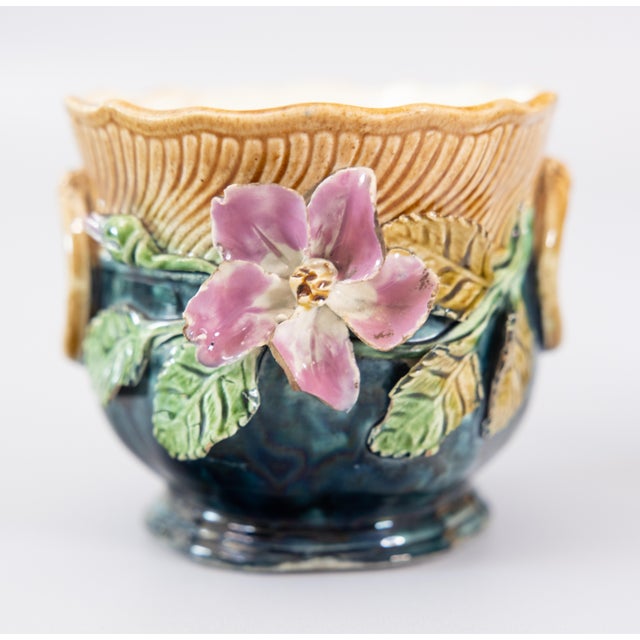 19th Century Petite French Majolica Barbotine Floral Cachepots Jardinieres - A Pair For Sale In Houston - Image 6 of 11