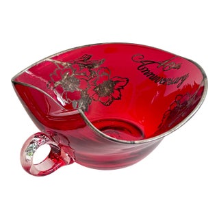 Vintage 40th Anniversary Ruby Red Glass Heart Shaped Bowl With Silver Floral Overlay For Sale