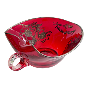 Vintage 40th Anniversary Ruby Red Glass Heart Shaped Bowl With Silver Floral Overlay