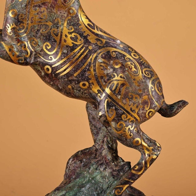 Bronze Leaping Antelope Sculpture, Intricate Gold Inlaid Scroll Patterns, Archaic Chinoiserie Statue For Sale In Los Angeles - Image 6 of 10