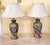 Elegant pair of Bradburn Gallery ceramic table lamps featuring hand-painted floral and botanical artwork on a black vase-...