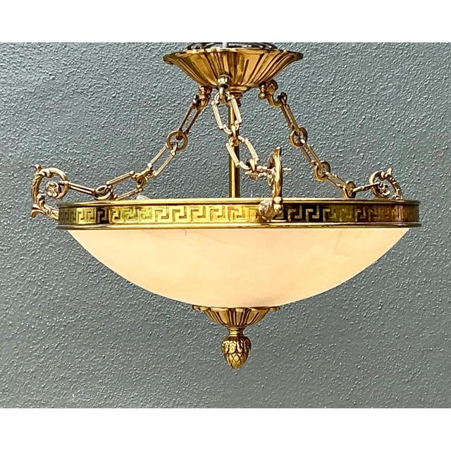 Vintage Metal and Glass Greek Key Pendant Light For Sale - Image 11 of 12