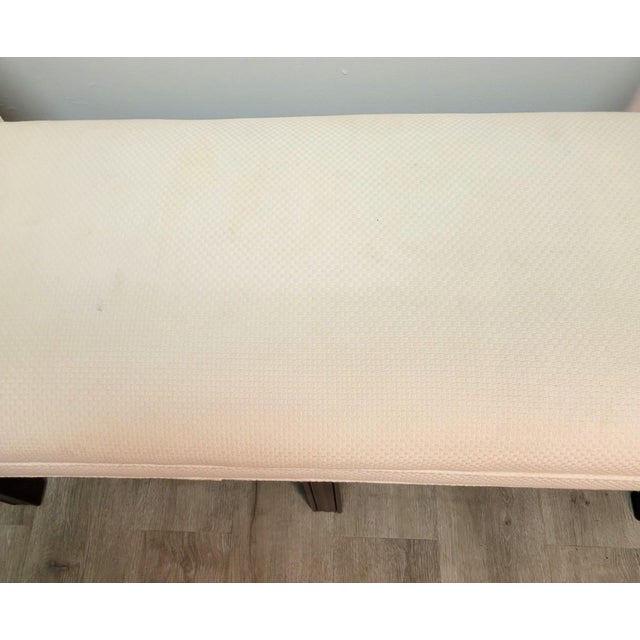 Upholstered Scroll Arm Bench in Cream Textured Fabric With Mahogany Base For Sale - Image 4 of 8