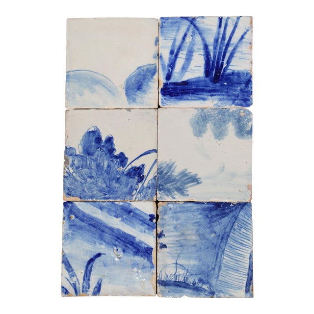 Antique Set of Six Baroque Portuguese Tiles 18th Century Blue & White Landscape Scene For Sale