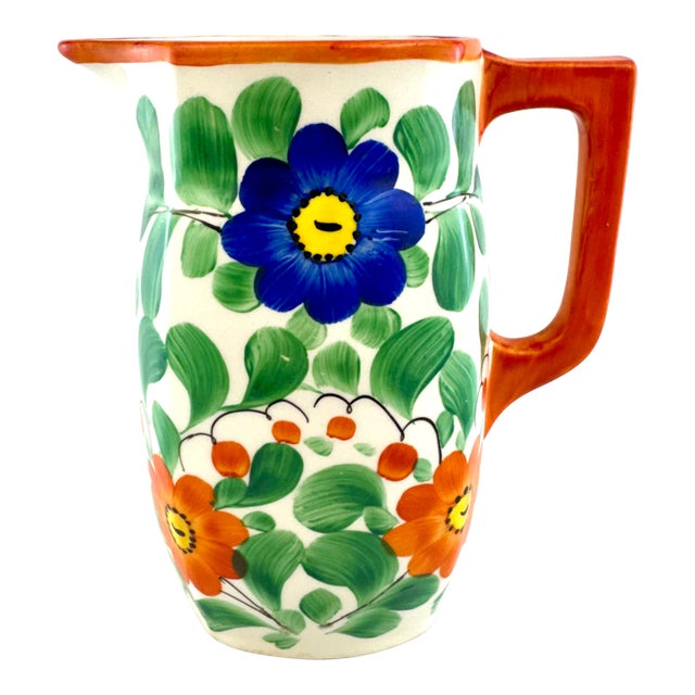Vintage Czech Hand-Painted Floral Pitcher – Czechoslovakia Folk Art Pottery Jug For Sale