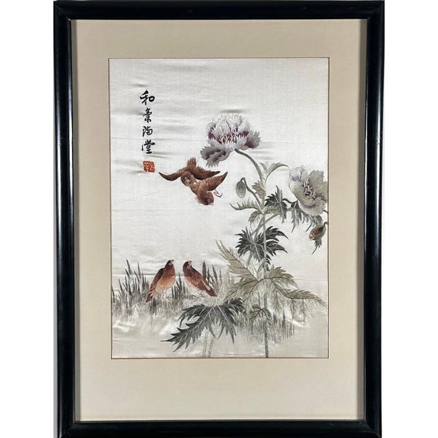 Vintage Framed Chinese Silk Embroidery Panels Birds and Flowers Huaniao Art Pair For Sale In Portland, ME - Image 6 of 11