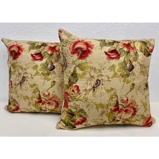 Pair of 20" Square Pillows With a Classic Red & Pink Poppy Floral Pattern - Made in Uk. For Sale - Image 11 of 11