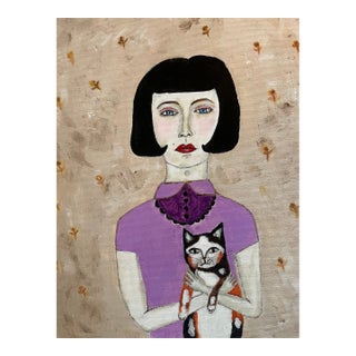 'Madeline & Bella' - An Abstract Acrylic Painting Portrait of Woman With a Calico Cat by Artist Nadia Nabhan For Sale