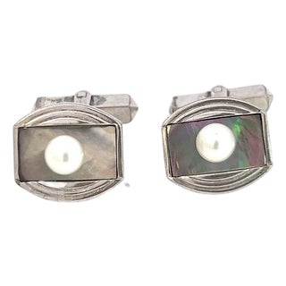 1990s Pair of Mikimoto Estate Akoya + Mother of Pearl Cufflinks 5.2 mm Sterling Silver For Sale