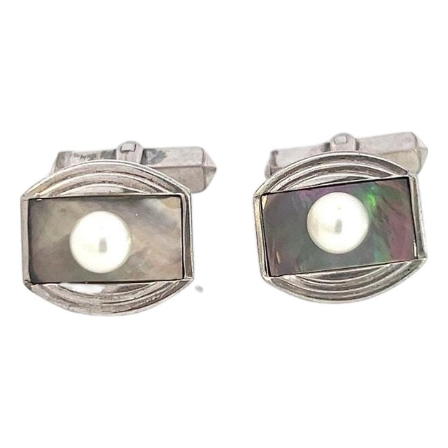 1990s Pair of Mikimoto Estate Akoya + Mother of Pearl Cufflinks 5.2 mm Sterling Silver For Sale