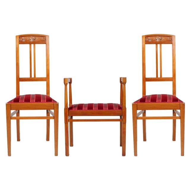 Antique Italian Art Nouveau Side Chairs with Ottoman, Set of 3 For Sale - Image 11 of 11