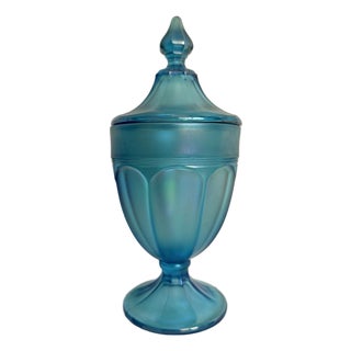 Vintage Peacock Blue Iridescent Pressed Glass Lidded Candy Jar For Sale