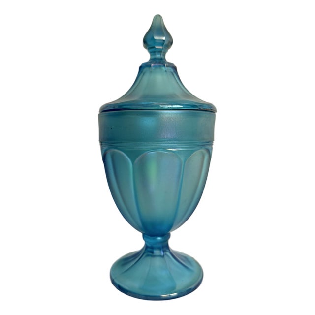 Vintage Peacock Blue Iridescent Pressed Glass Lidded Candy Jar For Sale