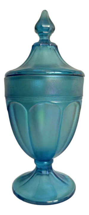Vintage Peacock Blue Iridescent Pressed Glass Lidded Candy Jar