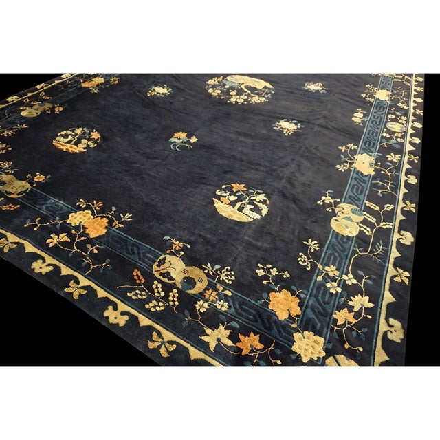 Navy Blue Large Size 1920s Blue Navy Antique Chinese Bat and Reindeer Design Peking Rug For Sale - Image 8 of 9