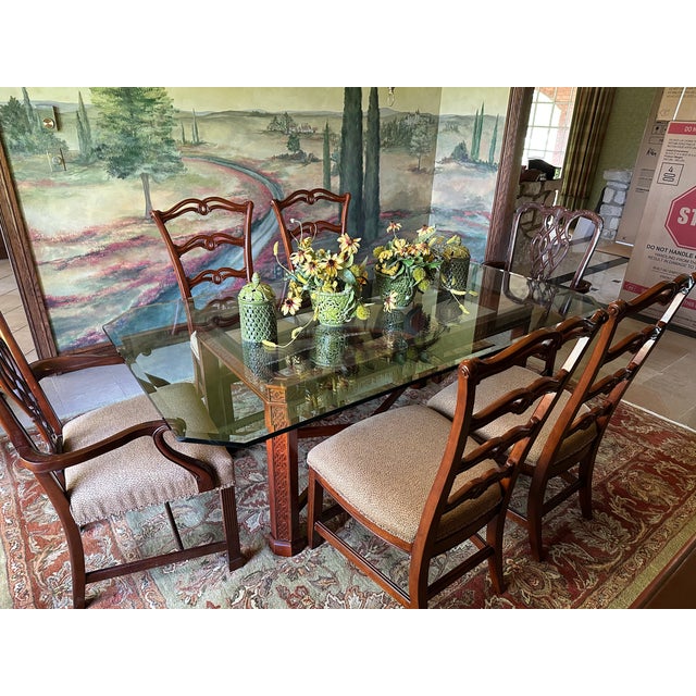 Vintage Century Furniture Chinese Chippendale Style Fretwork Dining Table With Beveled Glass Top. For Sale - Image 9 of 11