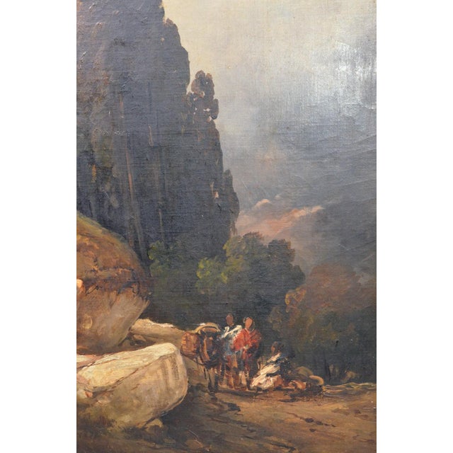 Brown Antique Romantic Landscape Oil Painting With Figures and Rocky Scenery For Sale - Image 8 of 11
