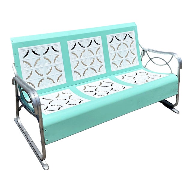 1950s Woodard Style 3 Seat Steel & Aluminum Scrolling Garden Sofa Bench For Sale
