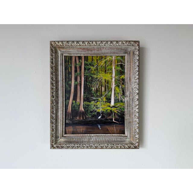 Impressionist Vintage J. H Riley “Sunlit Cypress” Impressionist Acrylic on Canvas Painting, Framed For Sale - Image 3 of 12