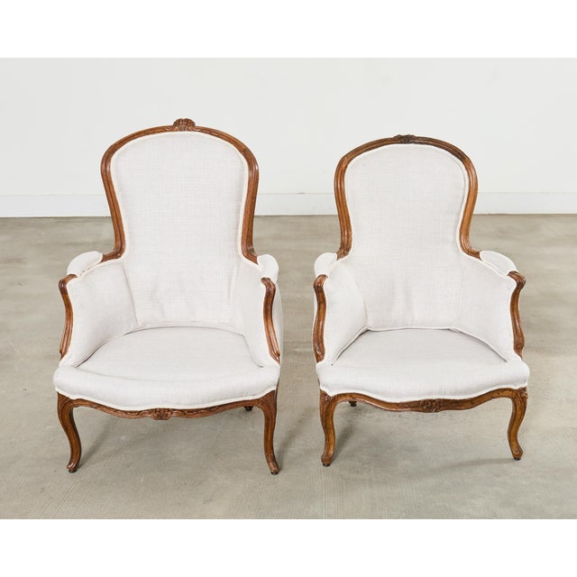Wood Pair of French Louis XV Style Walnut Bergeres With Linen For Sale - Image 7 of 18