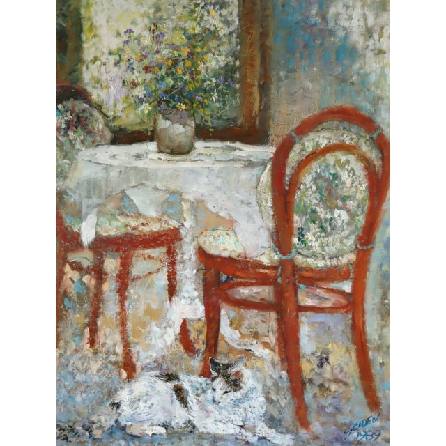 Red 1989 Impressionist 'Table for Two' Vintage Original Interior Still Life Oil Painting, Framed For Sale - Image 8 of 12