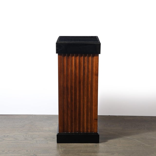 Brown Pair of Art Deco Pedestals in Fluted Walnut & Black Lacquer Bases W/ Glass Tops For Sale - Image 8 of 13
