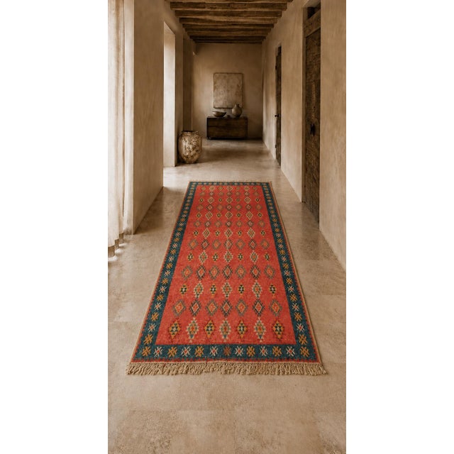 1960s Moroccan Berber Rug, Coral and Teal Geometric Wool, 4'10" × 9'10" For Sale - Image 13 of 14