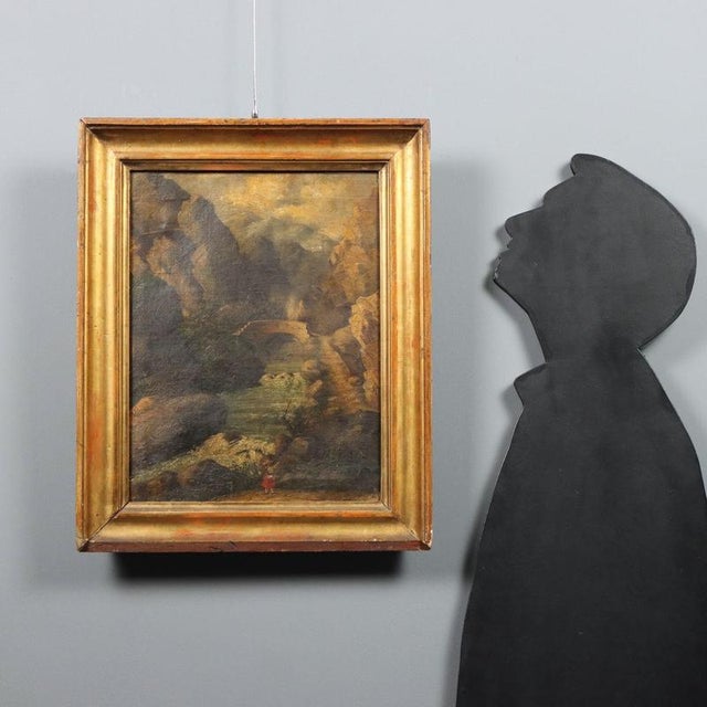 Oil on canvas. The countryside landscape features a stream in the center, cascading between rocks and plants, crossed...