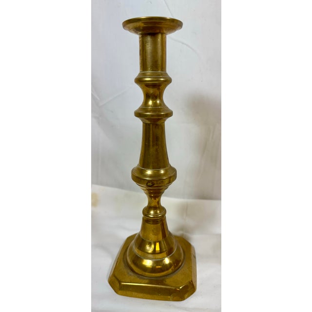 Antique Pair of 19th Century Square Based Brass Push-Up Candlesticks From England For Sale In Dallas - Image 6 of 10