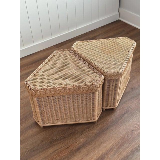 Vintage Coastal Brown Jordan Braided Rattan Triangle Side Tables, Pair For Sale - Image 13 of 17