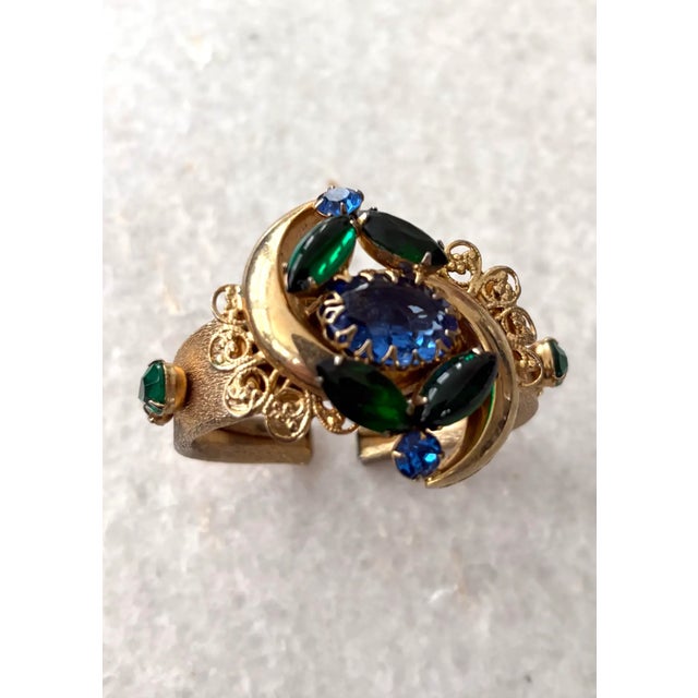 Stunning art deco style vintage designer Selro Selini clamper cuff bracelet with sapphire blue and emerald green...