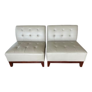 Modern Tufted Cream Leather Side Chairs, a Pair For Sale