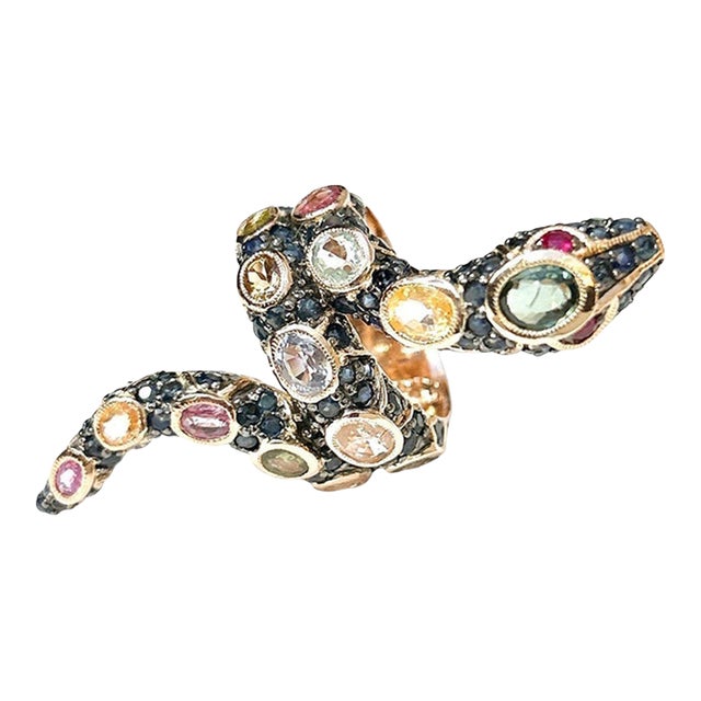 Bochic “Orient” Ruby & Sapphires Serpent Cocktail Ring Set 18k & Silver Size 4 For Sale