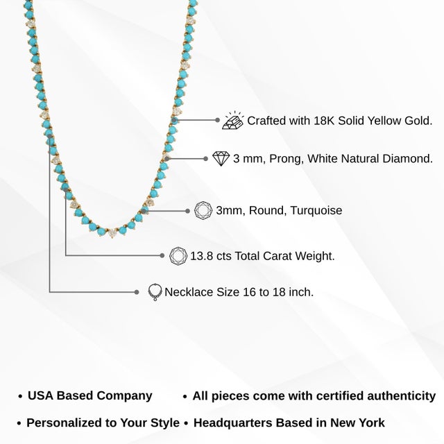 18k Yellow Gold 13.8ct Round Sleeping Beauty Turquoise & Diamond Tennis Necklace For Sale - Image 13 of 17