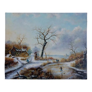 Mid-20th Century Signed H. Parker - Winter Landscape With Figures, Oil on Canvas For Sale