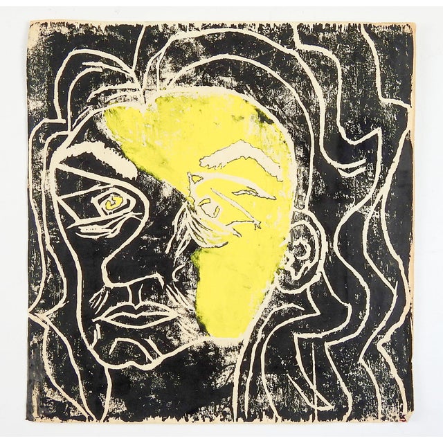 Mid-Century Modern Mid 20th Century Abstract Yellow and Black Portrait Block Print For Sale - Image 3 of 3