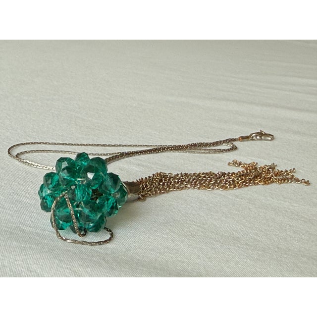 Vintage Faceted Emerald Green Glass Pendant Tassle Necklace For Sale - Image 15 of 15