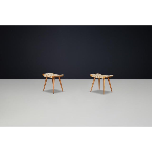 Textile Mid-Century French Ash Stool with Original Canvas Webbing, 1950s For Sale - Image 7 of 11