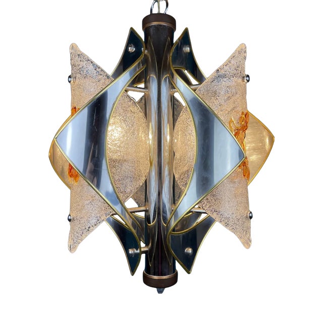 Mid-Century Amber Murano Glass and Chrome Chandelier by Toni Zuccheri for Mazzega, Italy, 1970s For Sale