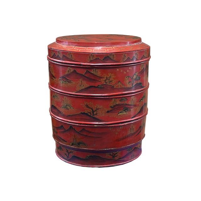 This exquisite multi-tiered wedding basket features a vibrant red lacquer finish, beautifully embellished with intricate...