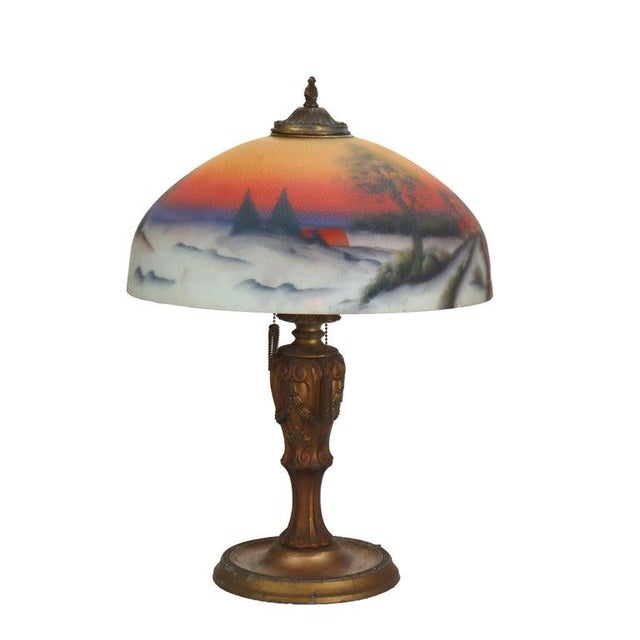 Antique Jefferson Textured Reverse Painted Landscape Table Lamp, Signed Shade, C1920 Measures - 23 3/4" x 17 7/8" x 16...