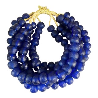 African Jumbo Cobalt Blue Glass Trading Beads Necklace Set of Five For Sale