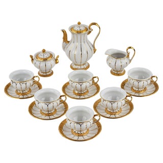 White and Gilded Porcelain Mocha Coffee Service from Meissen, Set of 15 For Sale