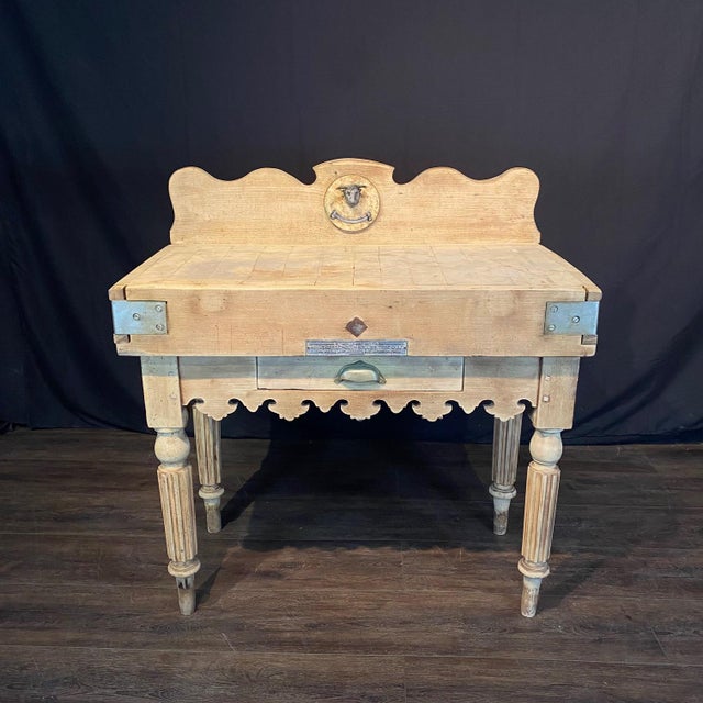 Antique French Butcher’s Block Table With Bull’s Head Mount and Rare Paris Label For Sale - Image 16 of 18
