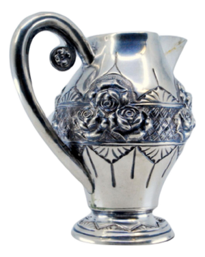 Wine Jug in Embossed Silver with Floral Motifs and Resting on Frilled Base