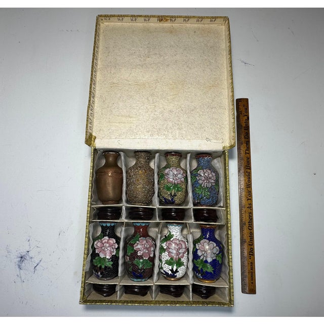 Vintage Chinese Cloisonne Vases: Enameling Process Set with Box For Sale - Image 10 of 10